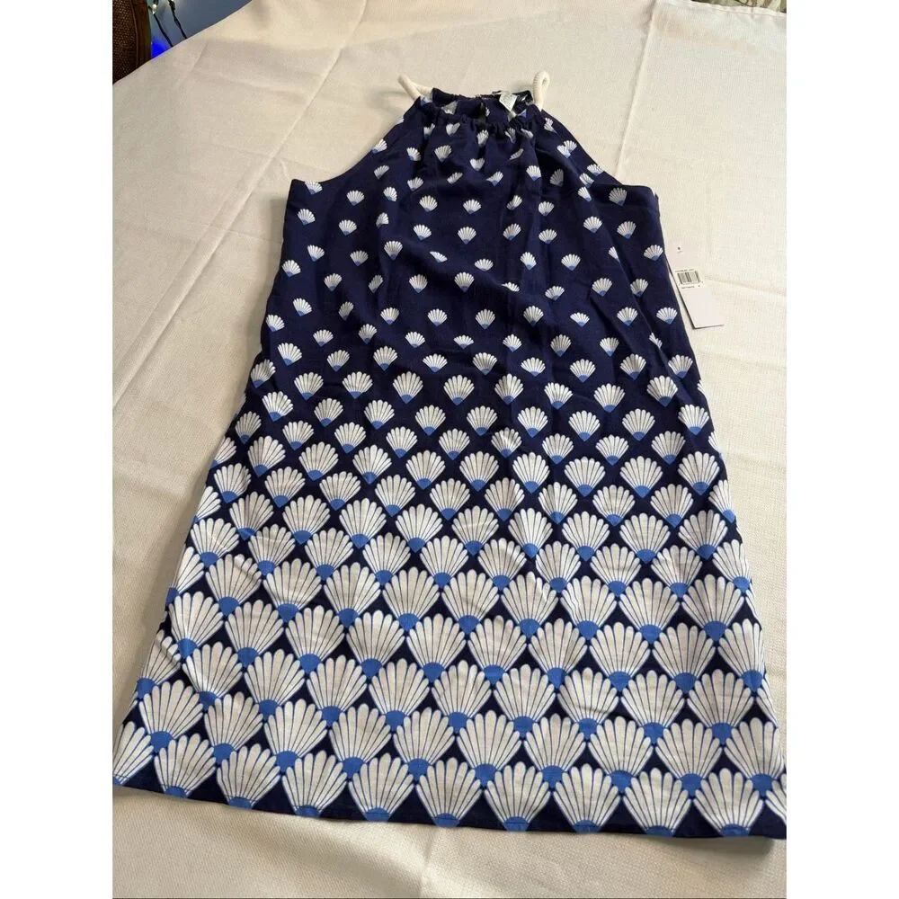 NWT London Times Navy Blue White Seashell Linen Shift Dress Size 6 New